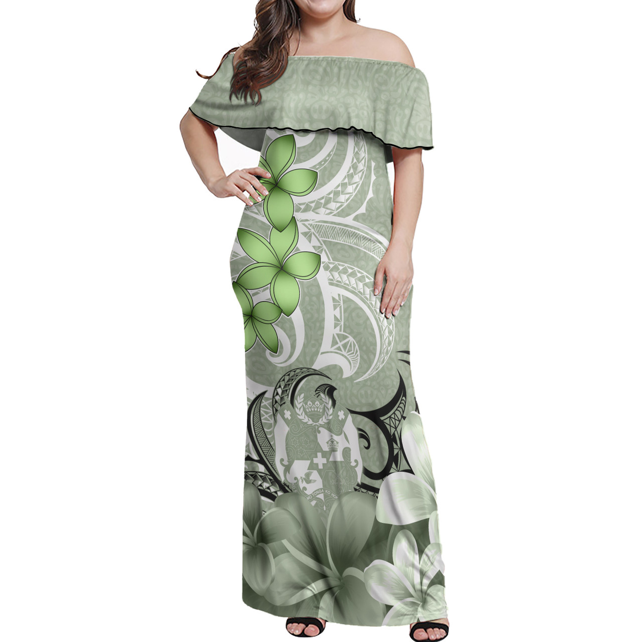 Tonga Woman Off Shoulder Long Dress Polynesian Floral Spirit Sage Green