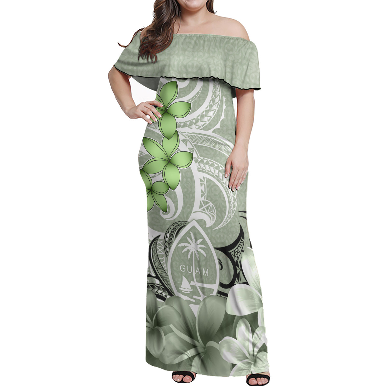 Guam Woman Off Shoulder Long Dress Polynesian Floral Spirit Sage Green