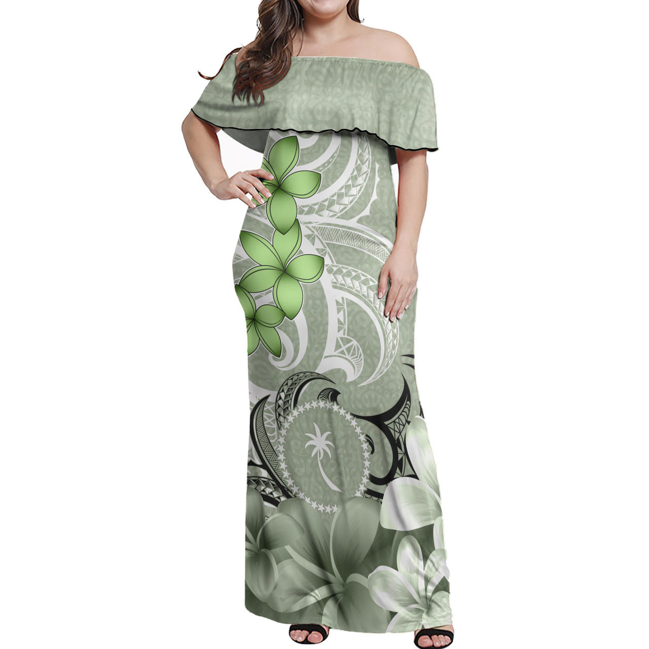 Chuuk Woman Off Shoulder Long Dress Polynesian Floral Spirit Sage Green