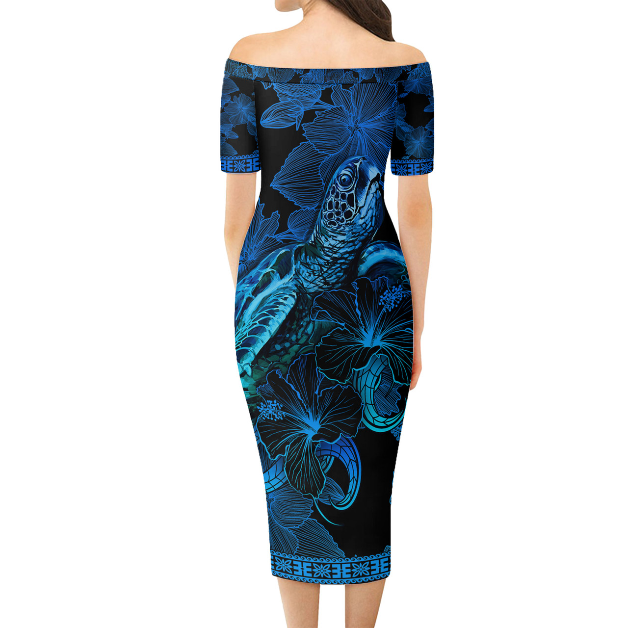 Hawaii Kanaka Maoli Short Sleeve Off The Shoulder Lady Dress Sea Turtle With Blooming Hibiscus Flowers Tribal Blue