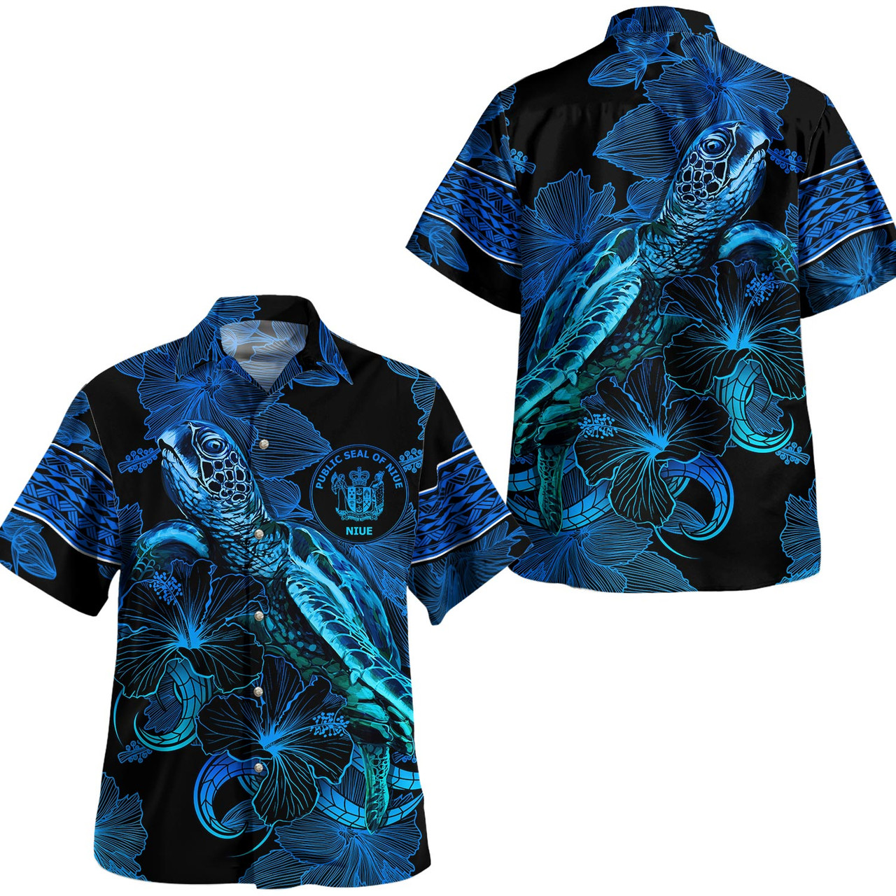 Niue Hawaiian Shirt Sea Turtle With Blooming Hibiscus Flowers Tribal Blue