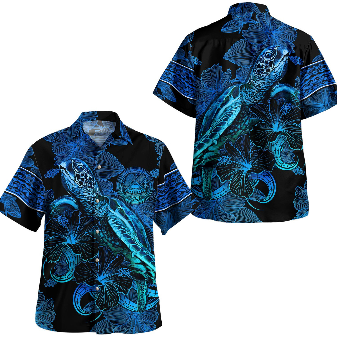 American Samoa Hawaiian Shirt Sea Turtle With Blooming Hibiscus Flowers Tribal Blue