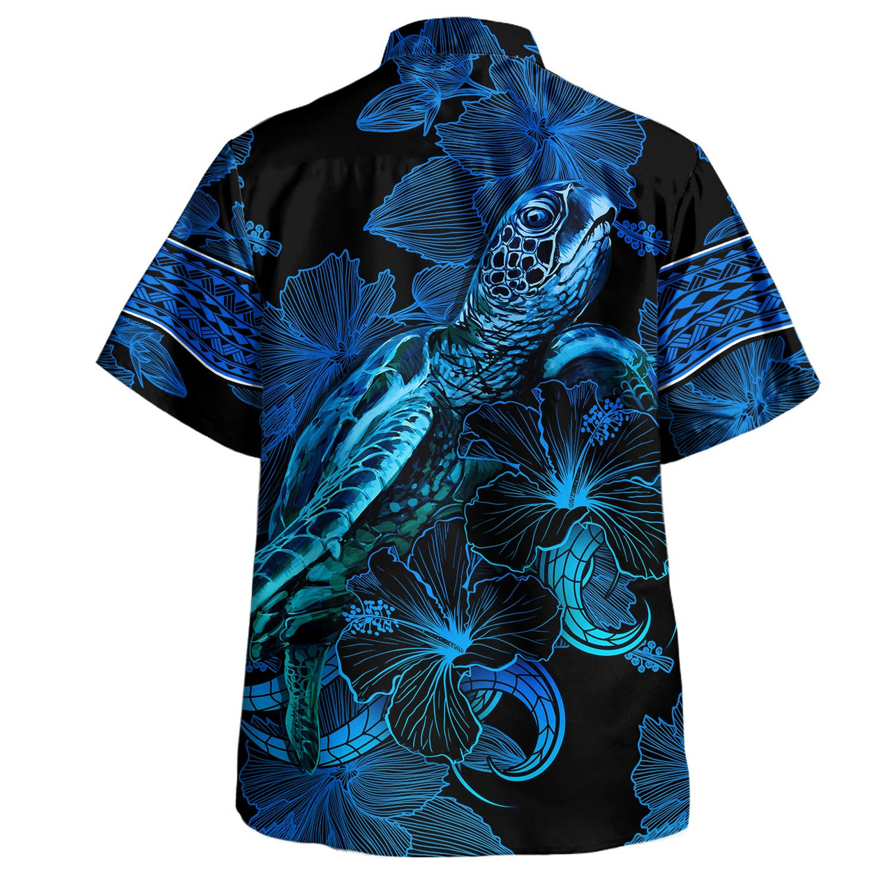 Vanuatu Hawaiian Shirt Sea Turtle With Blooming Hibiscus Flowers Tribal Blue