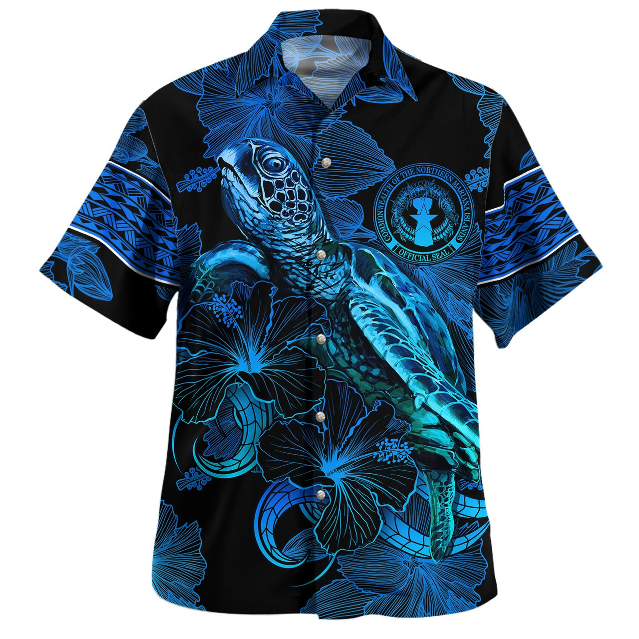 Northern Mariana Islands Hawaiian Shirt Sea Turtle With Blooming Hibiscus Flowers Tribal Blue