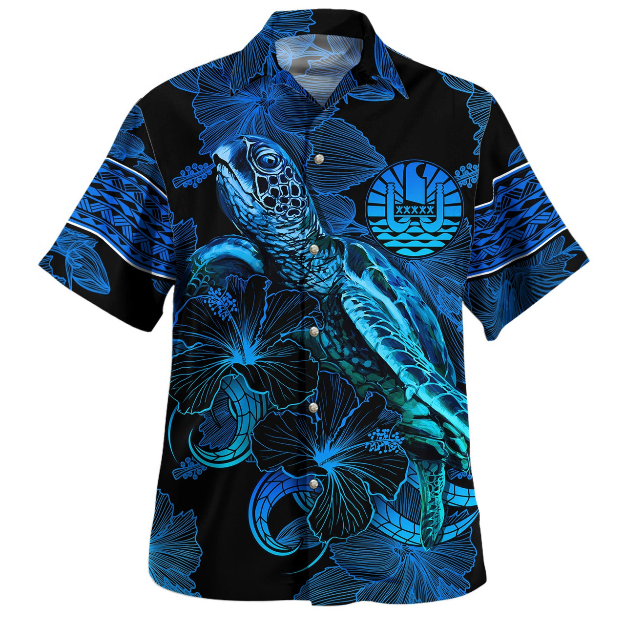 Tahiti Hawaiian Shirt Sea Turtle With Blooming Hibiscus Flowers Tribal Blue