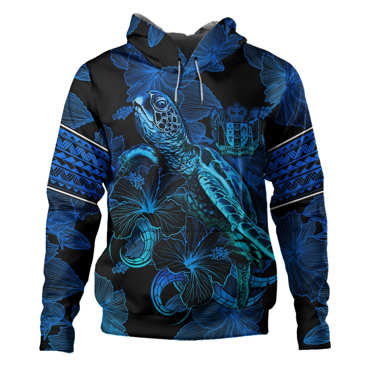 New Zealand Hoodie Sea Turtle With Blooming Hibiscus Flowers Tribal Blue