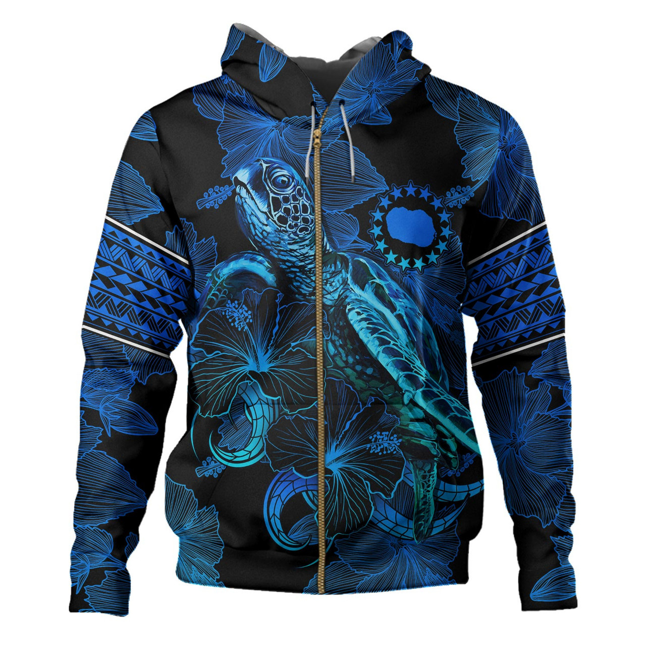 Cook Islands Hoodie Sea Turtle With Blooming Hibiscus Flowers Tribal Blue