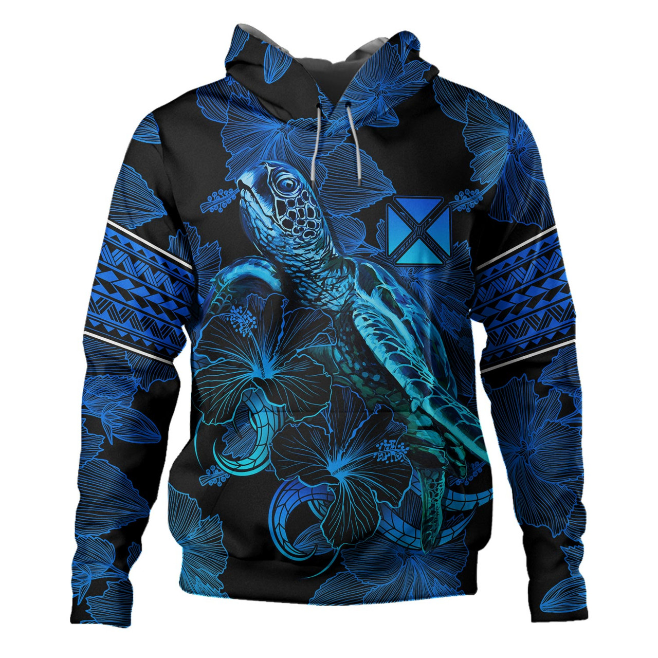 Wallis And Futuna Hoodie Sea Turtle With Blooming Hibiscus Flowers Tribal Blue