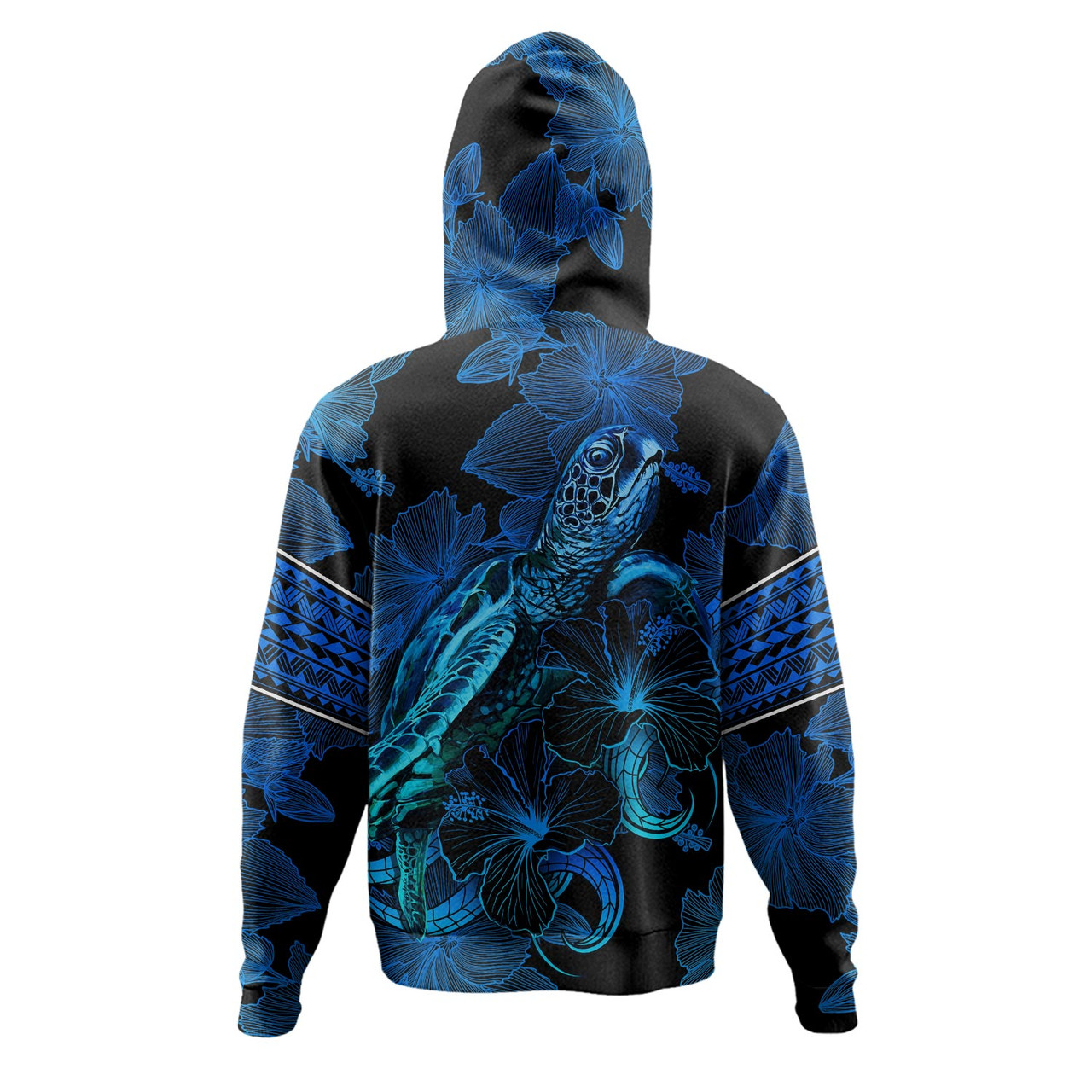 French Polynesia Hoodie Sea Turtle With Blooming Hibiscus Flowers Tribal Blue