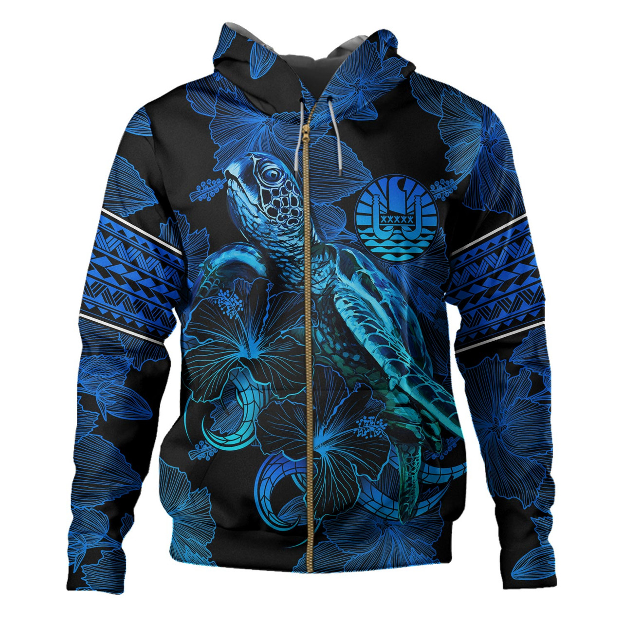 Tahiti Hoodie Sea Turtle With Blooming Hibiscus Flowers Tribal Blue