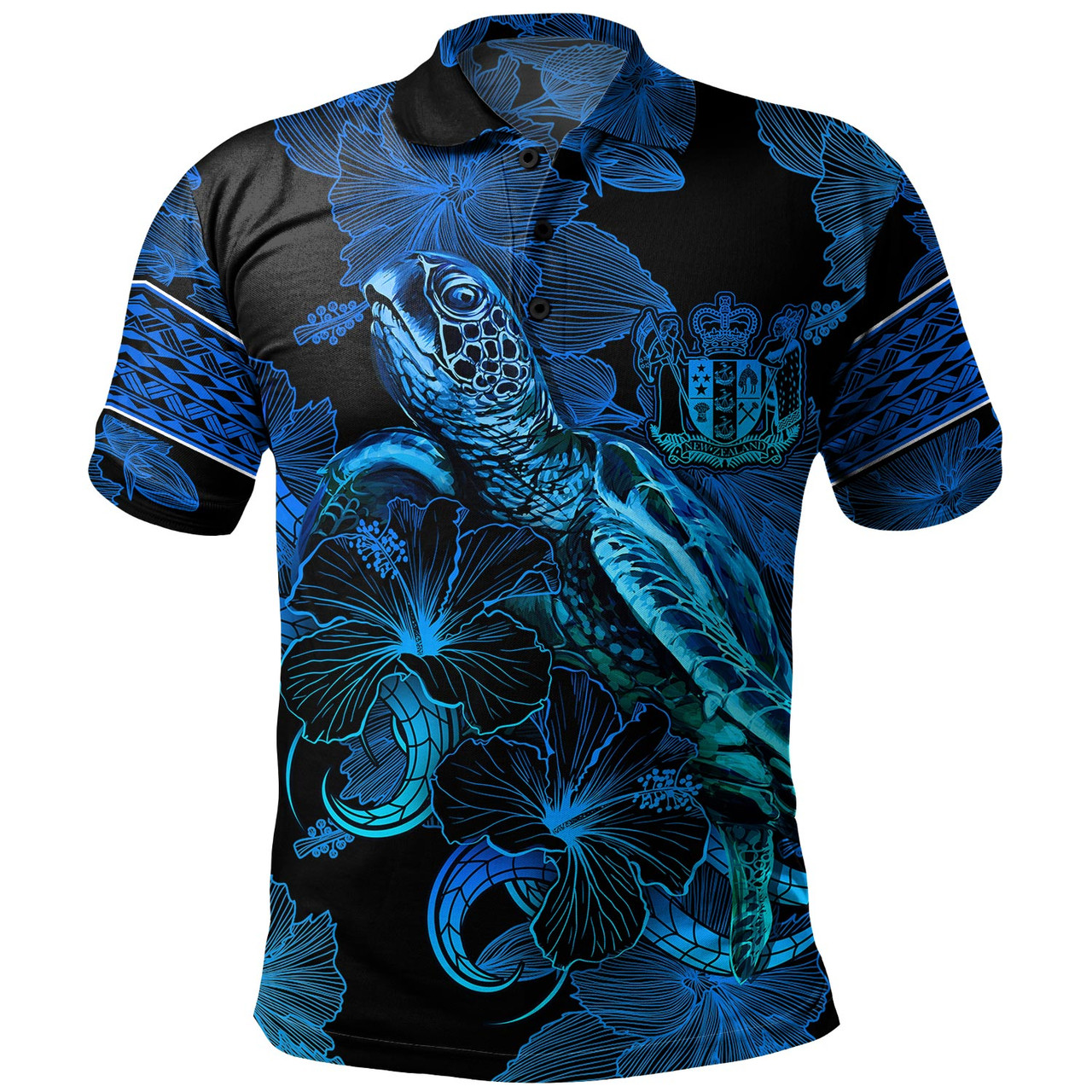 New Zealand Polo Shirt Sea Turtle With Blooming Hibiscus Flowers Tribal Blue