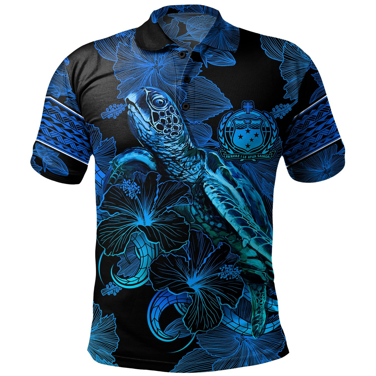 Samoa Polo Shirt Sea Turtle With Blooming Hibiscus Flowers Tribal Blue