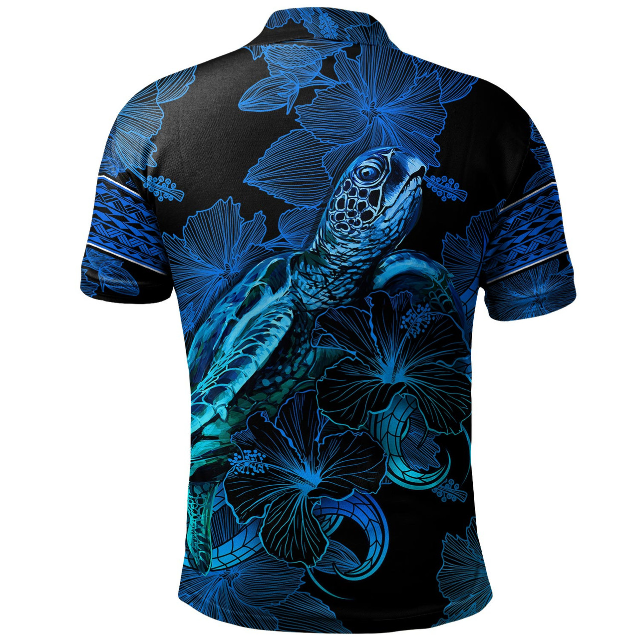 Tuvalu Polo Shirt Sea Turtle With Blooming Hibiscus Flowers Tribal Blue