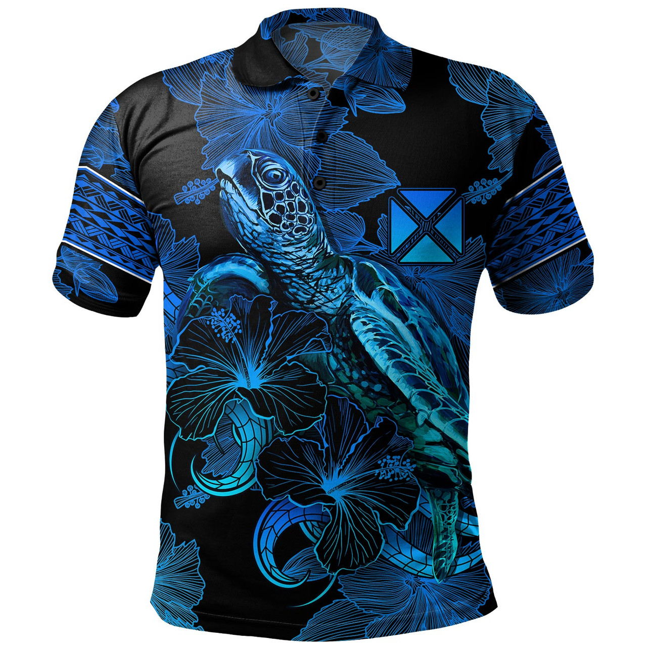 Wallis And Futuna Polo Shirt Sea Turtle With Blooming Hibiscus Flowers Tribal Blue