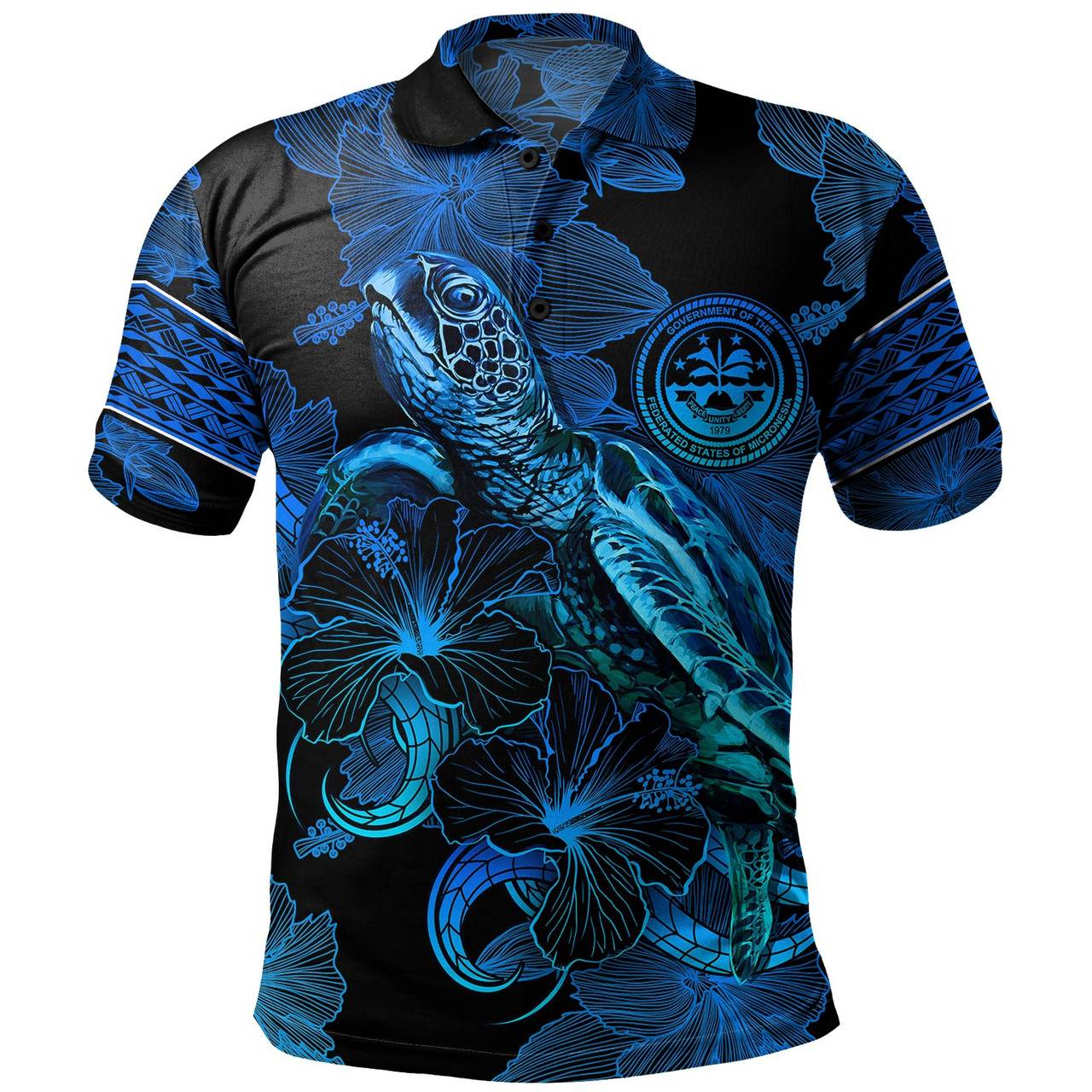 Federated States Of Micronesia Polo Shirt Sea Turtle With Blooming Hibiscus Flowers Tribal Blue