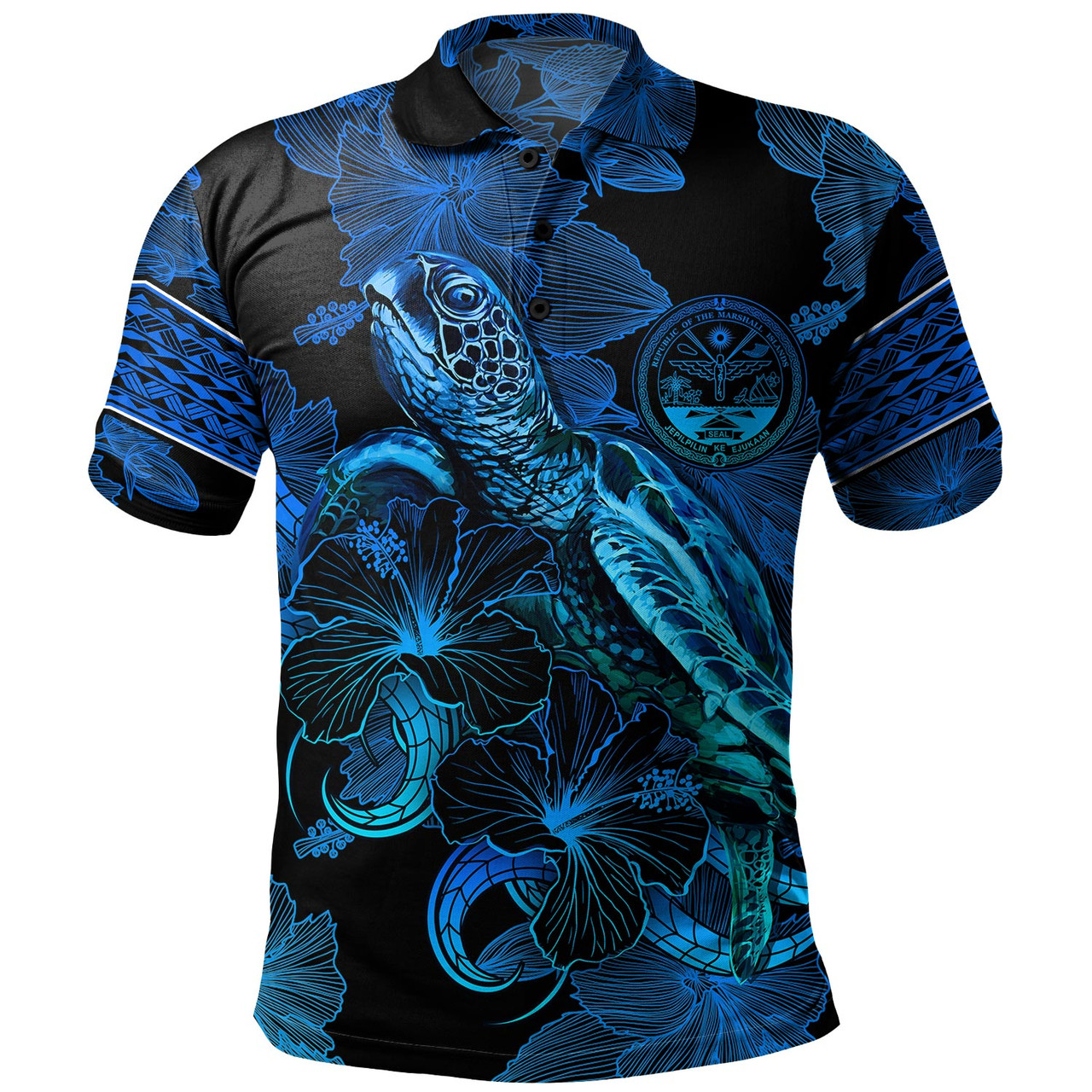 Marshall Islands Polo Shirt Sea Turtle With Blooming Hibiscus Flowers Tribal Blue