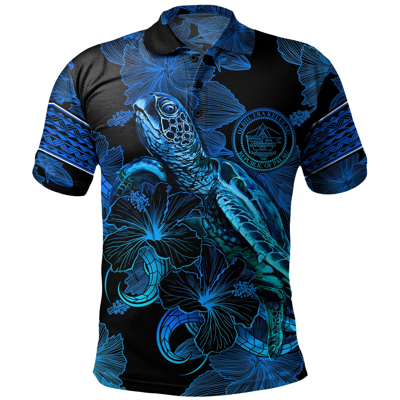Palau Polo Shirt Sea Turtle With Blooming Hibiscus Flowers Tribal Blue