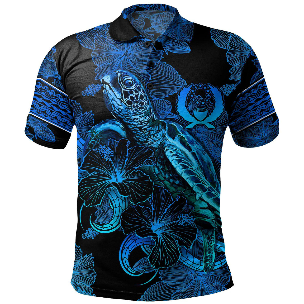 Pohnpei State Polo Shirt Sea Turtle With Blooming Hibiscus Flowers Tribal Blue