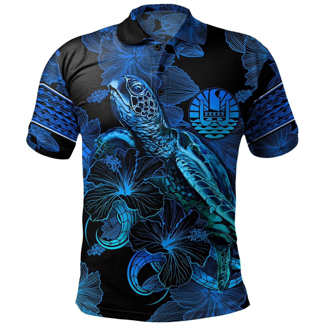 Tahiti Polo Shirt Sea Turtle With Blooming Hibiscus Flowers Tribal Blue