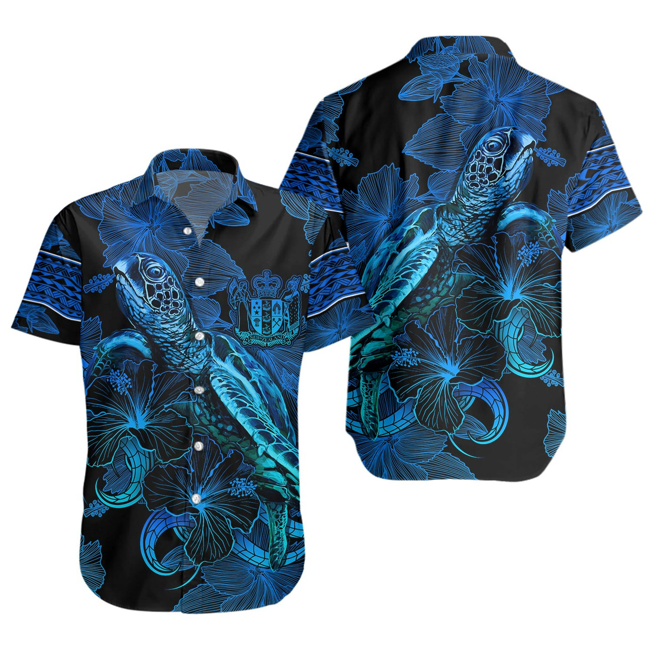 New Zealand Short Sleeve Shirt Sea Turtle With Blooming Hibiscus Flowers Tribal Blue