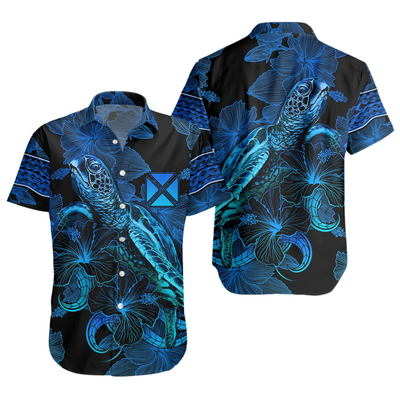Wallis And Futuna Short Sleeve Shirt Sea Turtle With Blooming Hibiscus Flowers Tribal Blue