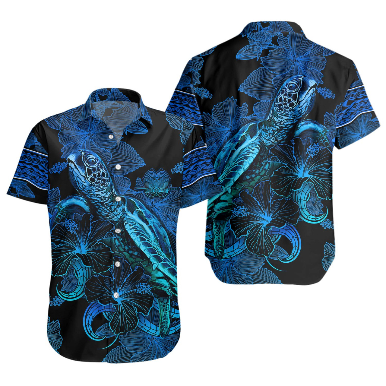 Papua New Guinea Short Sleeve Shirt Sea Turtle With Blooming Hibiscus Flowers Tribal Blue