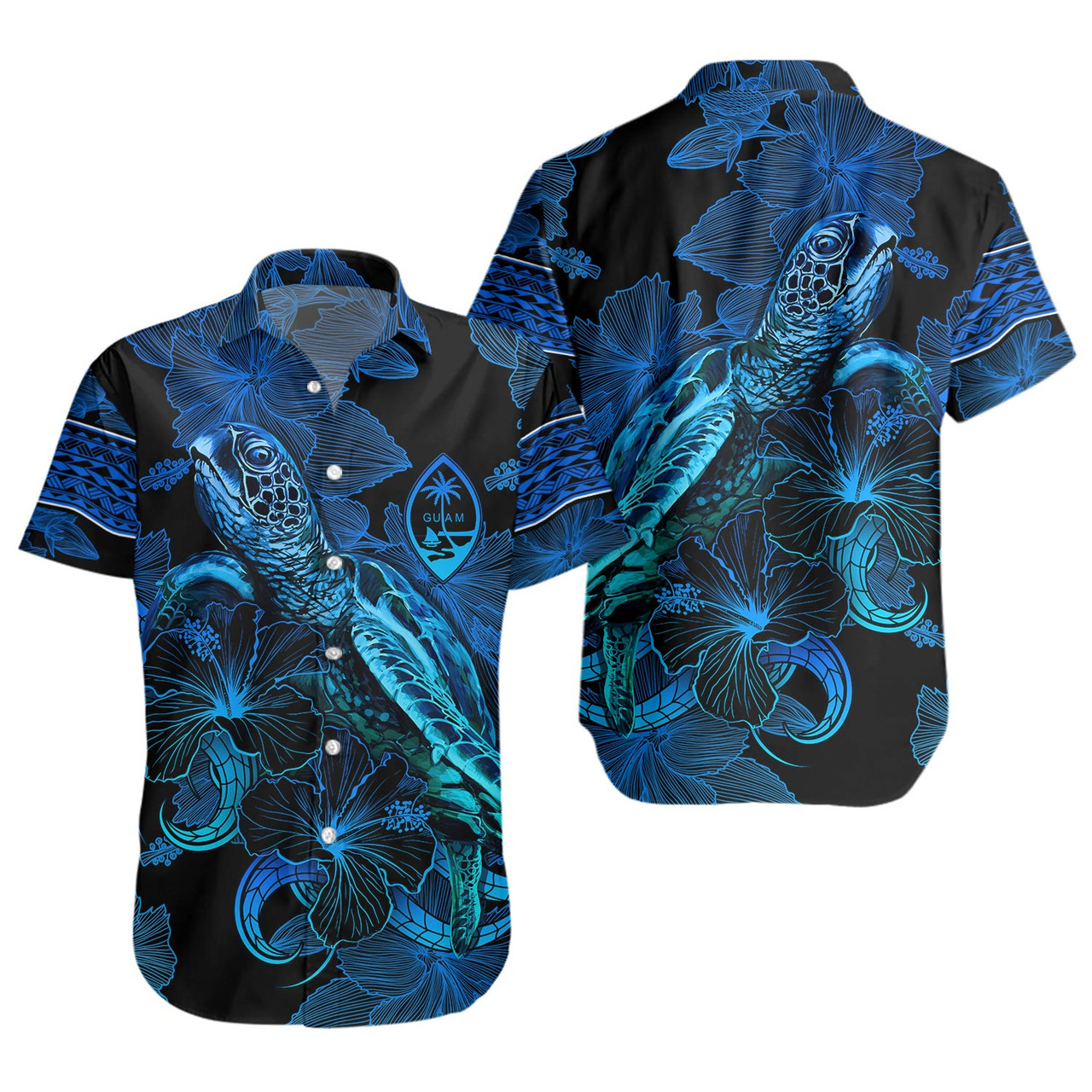 Guam Short Sleeve Shirt Sea Turtle With Blooming Hibiscus Flowers Tribal Blue