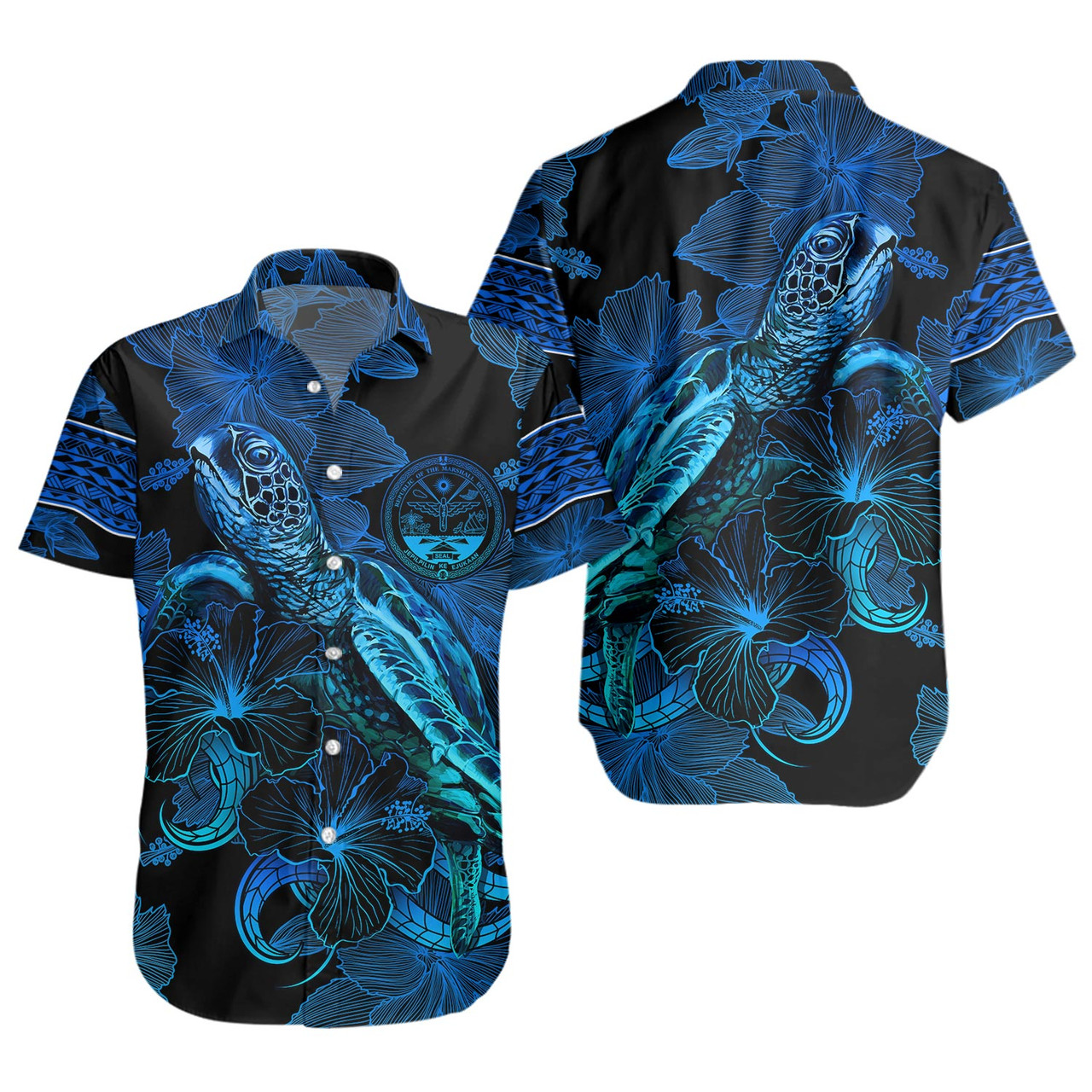 Marshall Islands Short Sleeve Shirt Sea Turtle With Blooming Hibiscus Flowers Tribal Blue