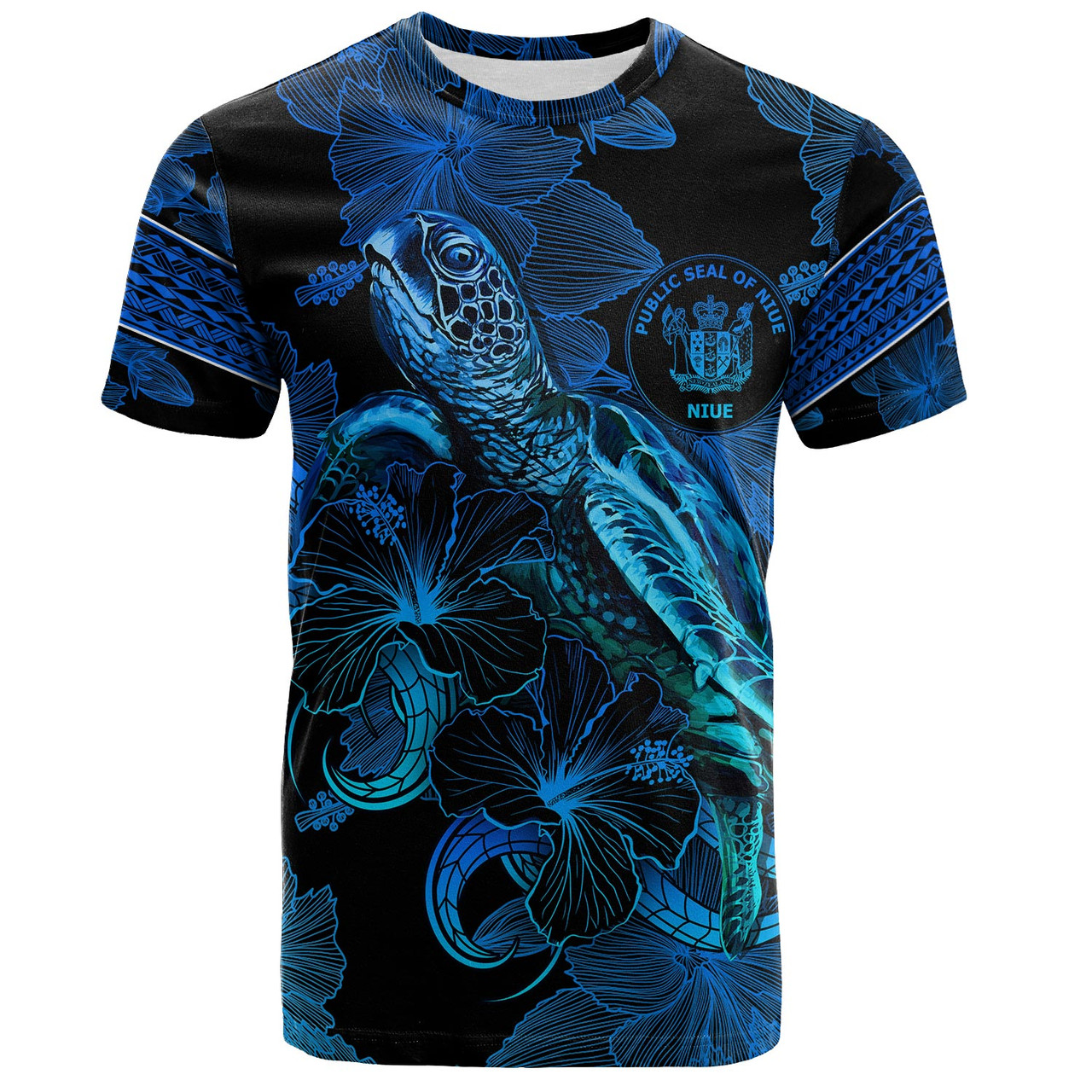Niue T-Shirt Sea Turtle With Blooming Hibiscus Flowers Tribal Blue