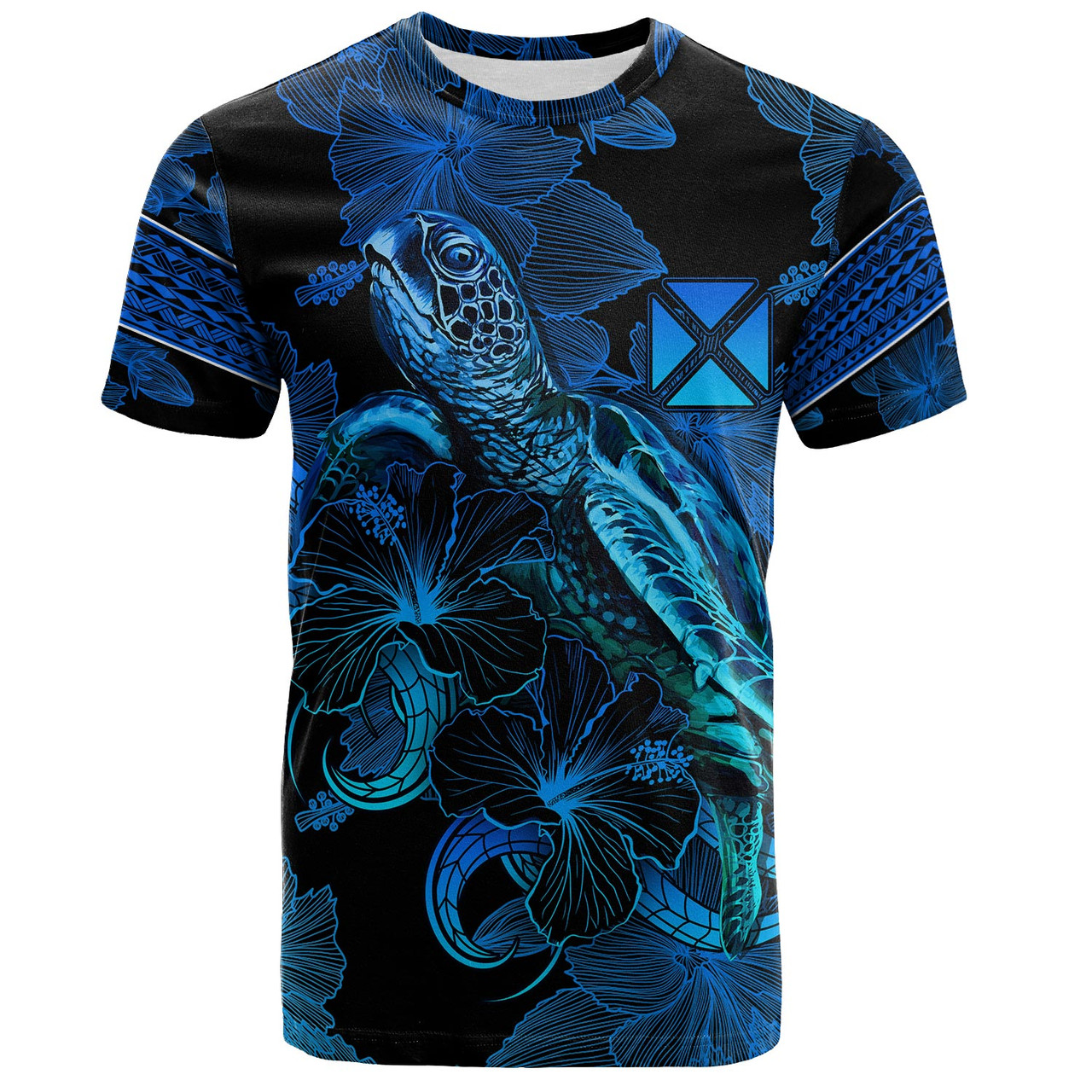 Wallis And Futuna T-Shirt Sea Turtle With Blooming Hibiscus Flowers Tribal Blue