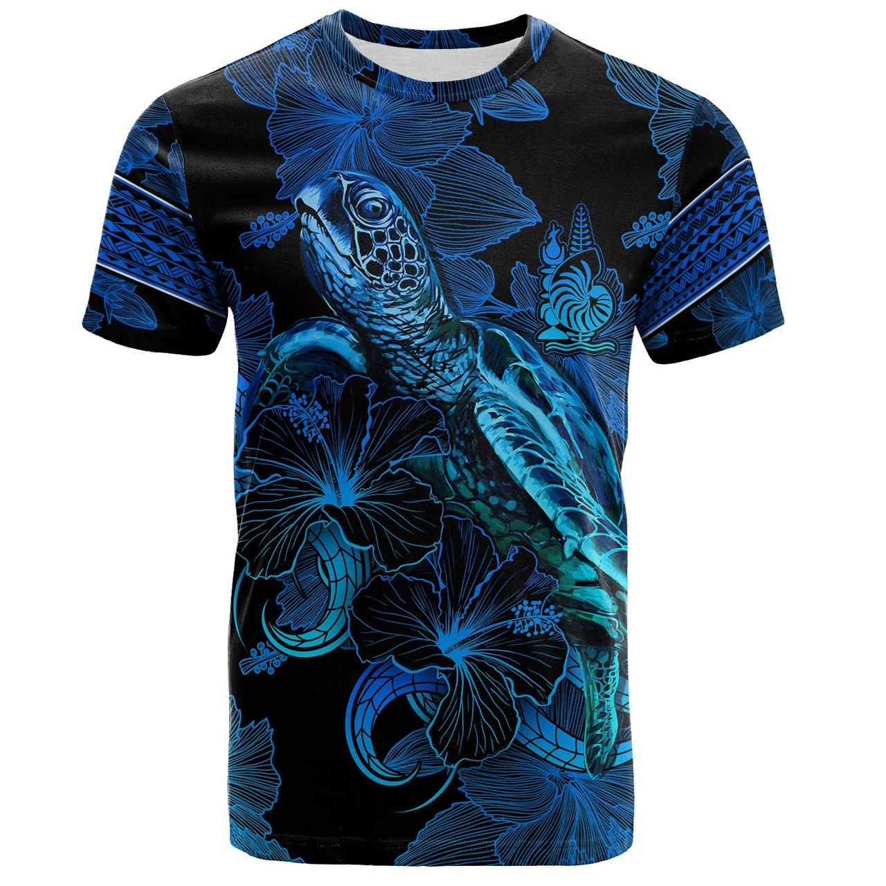 New Caledonia T-Shirt Sea Turtle With Blooming Hibiscus Flowers Tribal Blue