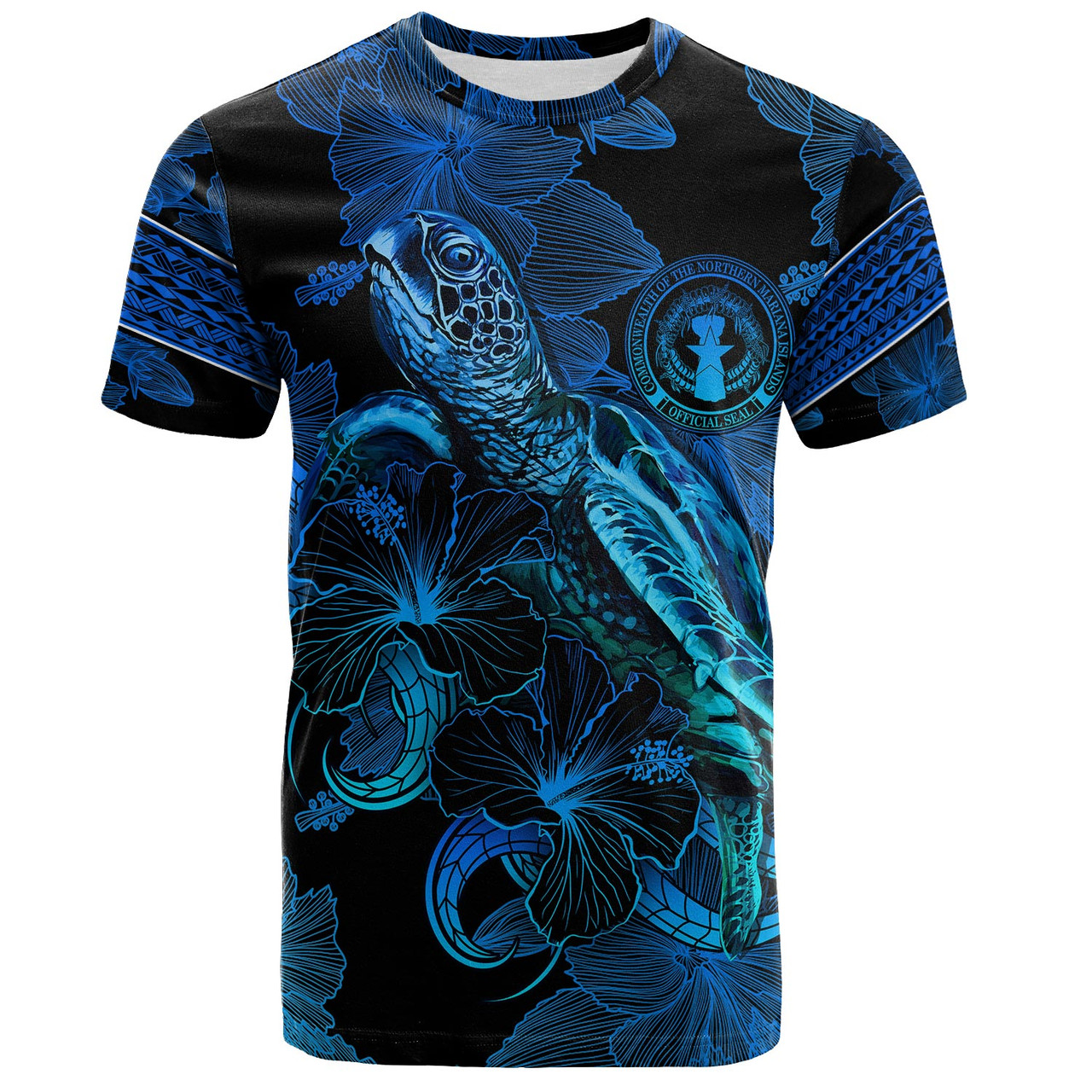 Northern Mariana Islands T-Shirt Sea Turtle With Blooming Hibiscus Flowers Tribal Blue