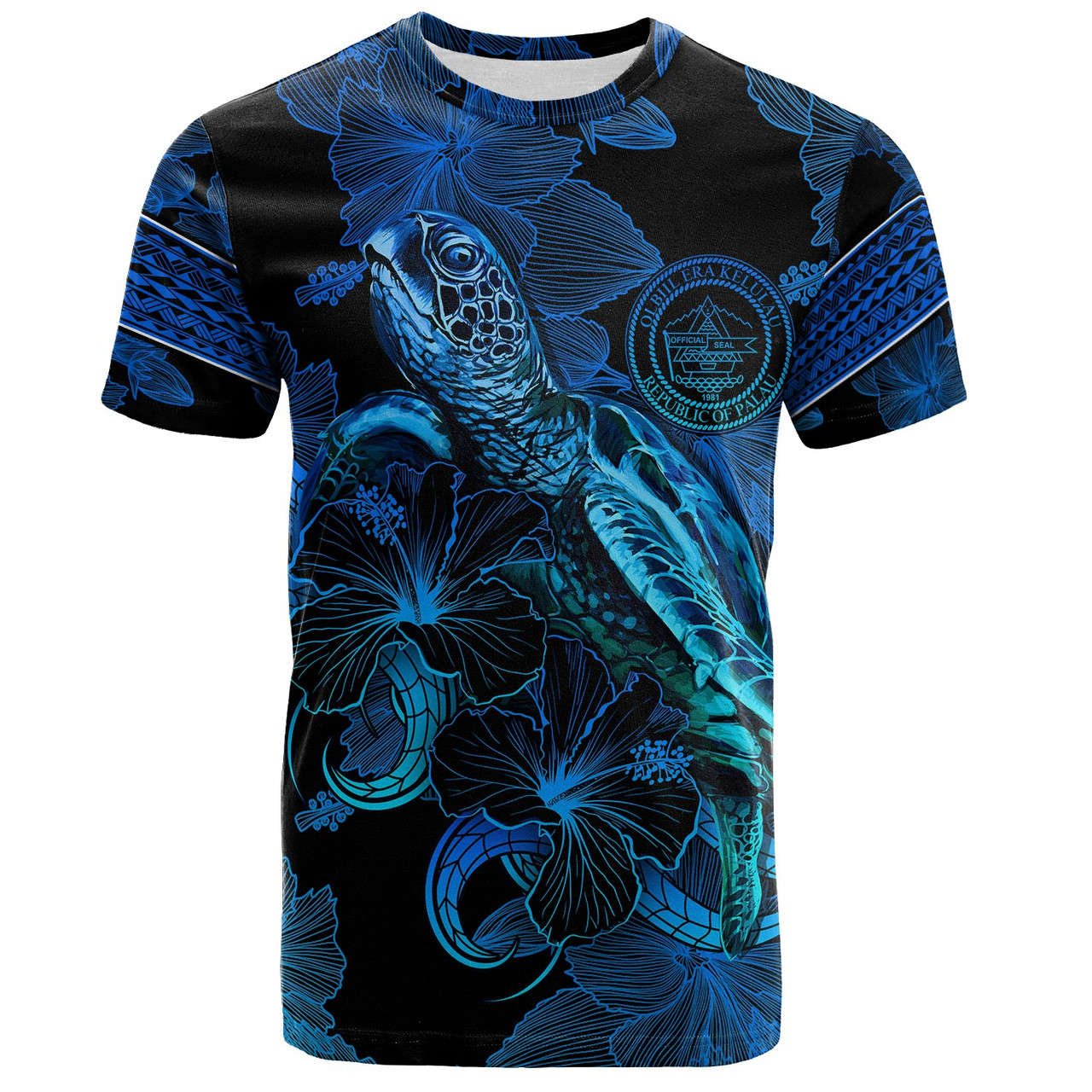Palau T-Shirt Sea Turtle With Blooming Hibiscus Flowers Tribal Blue