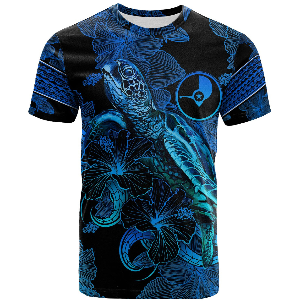 Yap State T-Shirt Sea Turtle With Blooming Hibiscus Flowers Tribal Blue