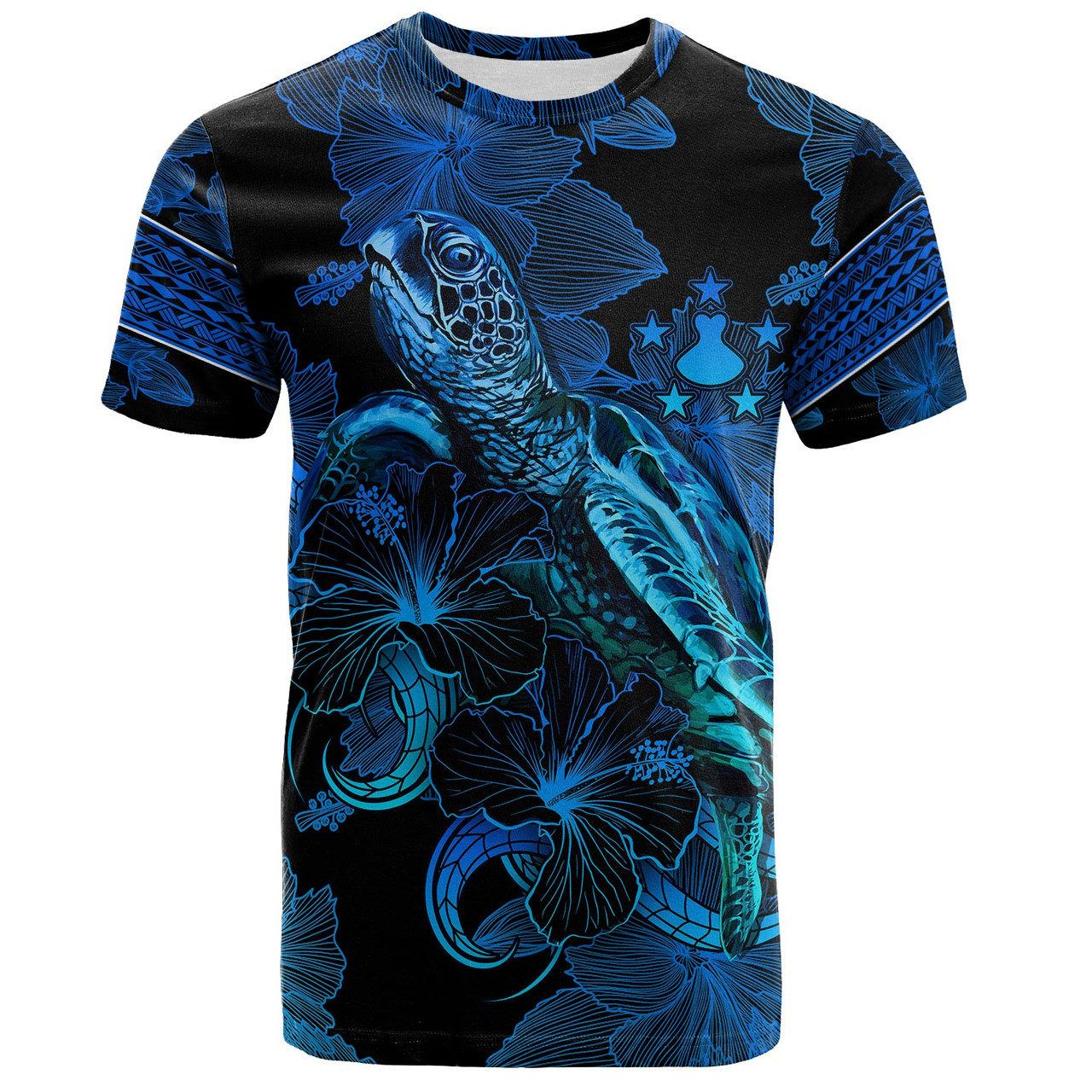 Austral Islands T-Shirt Sea Turtle With Blooming Hibiscus Flowers Tribal Blue