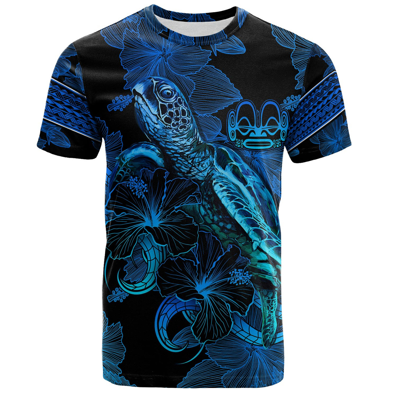 Marquesas Islands T-Shirt Sea Turtle With Blooming Hibiscus Flowers Tribal Blue