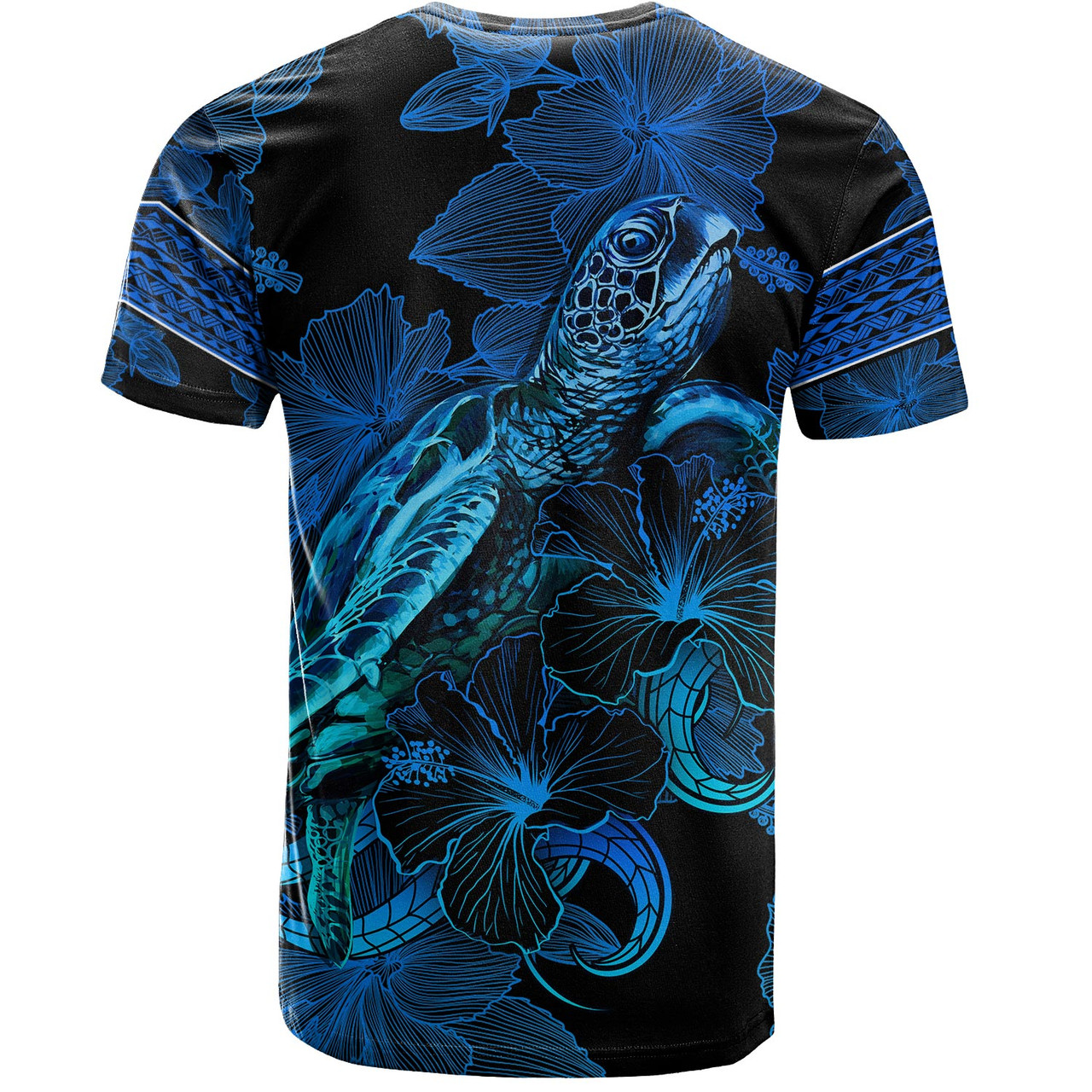 Gambier Islands T-Shirt Sea Turtle With Blooming Hibiscus Flowers Tribal Blue