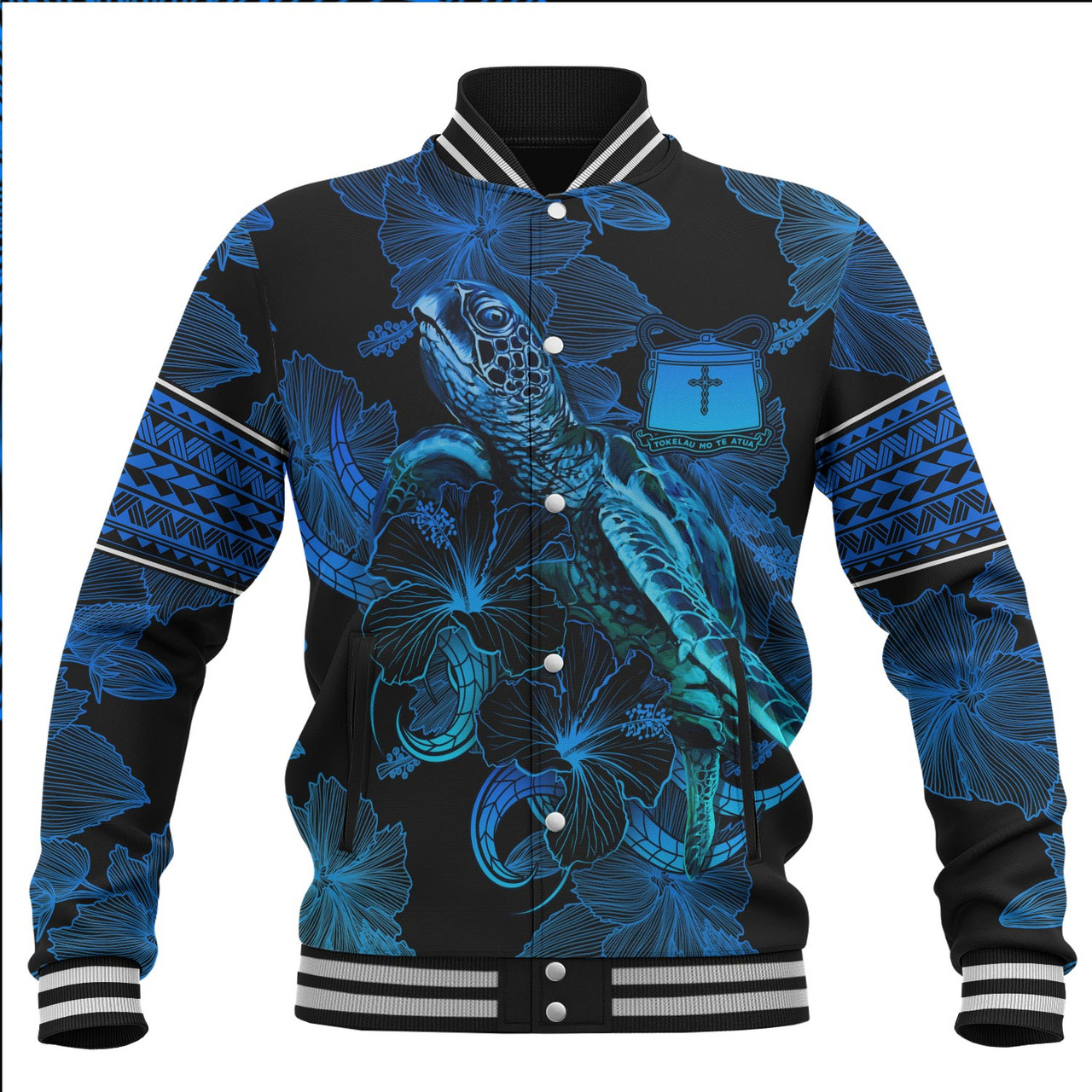 Tokelau Baseball Jacket Sea Turtle With Blooming Hibiscus Flowers Tribal Blue