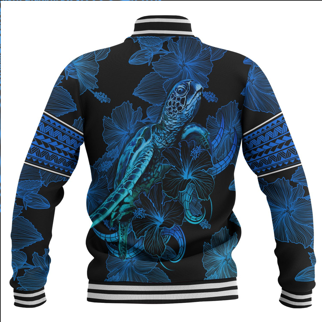 Tokelau Baseball Jacket Sea Turtle With Blooming Hibiscus Flowers Tribal Blue