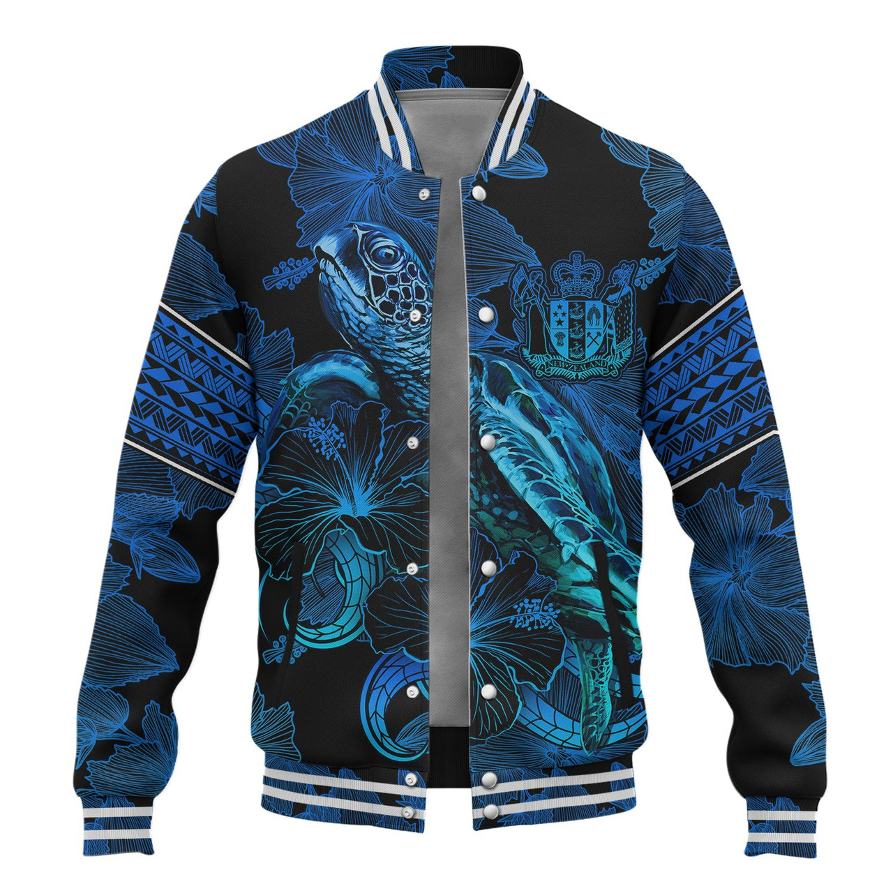 New Zealand Baseball Jacket Sea Turtle With Blooming Hibiscus Flowers Tribal Blue