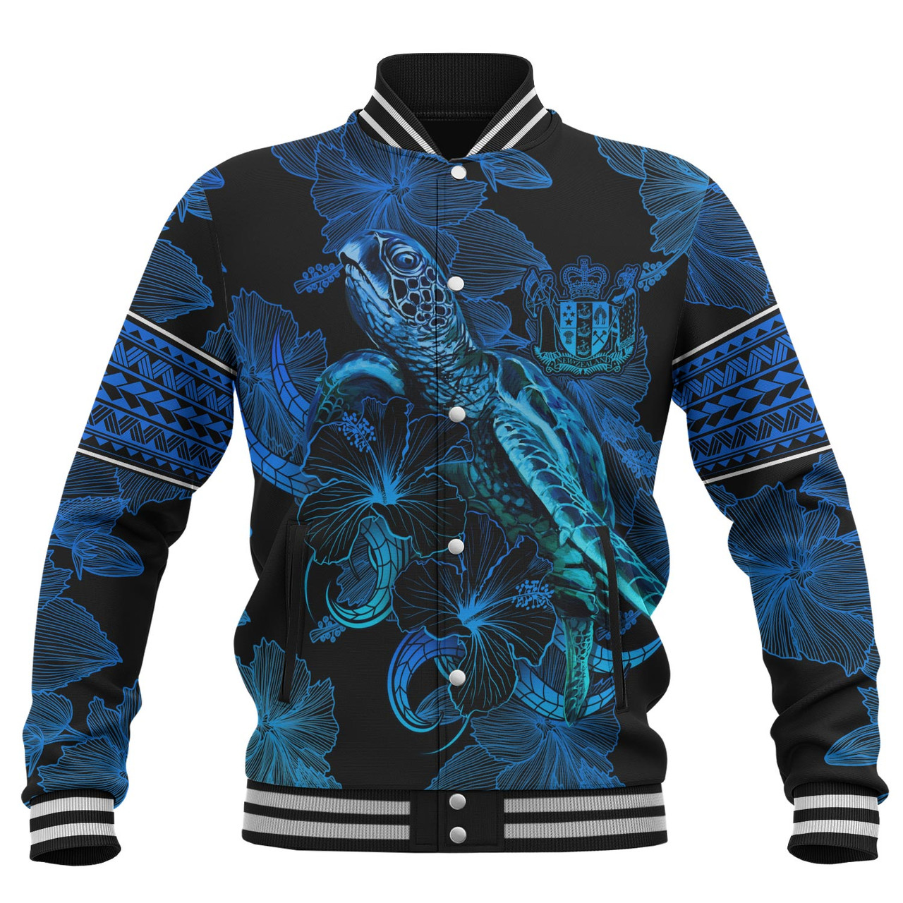 New Zealand Baseball Jacket Sea Turtle With Blooming Hibiscus Flowers Tribal Blue
