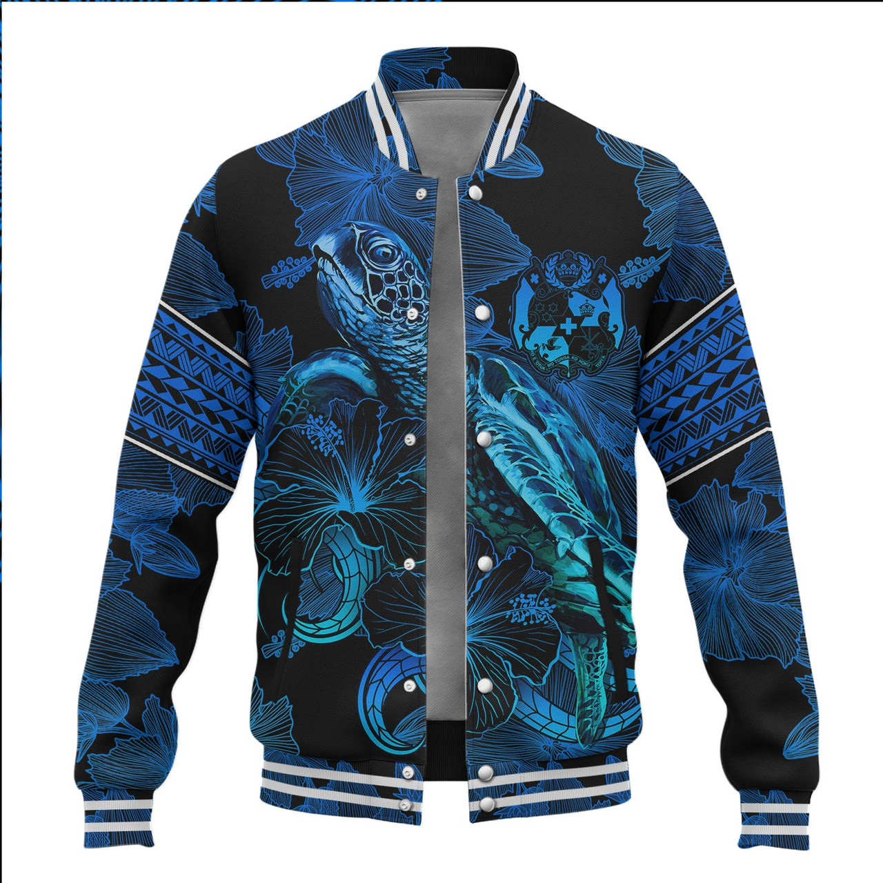 Tonga Baseball Jacket Sea Turtle With Blooming Hibiscus Flowers Tribal Blue