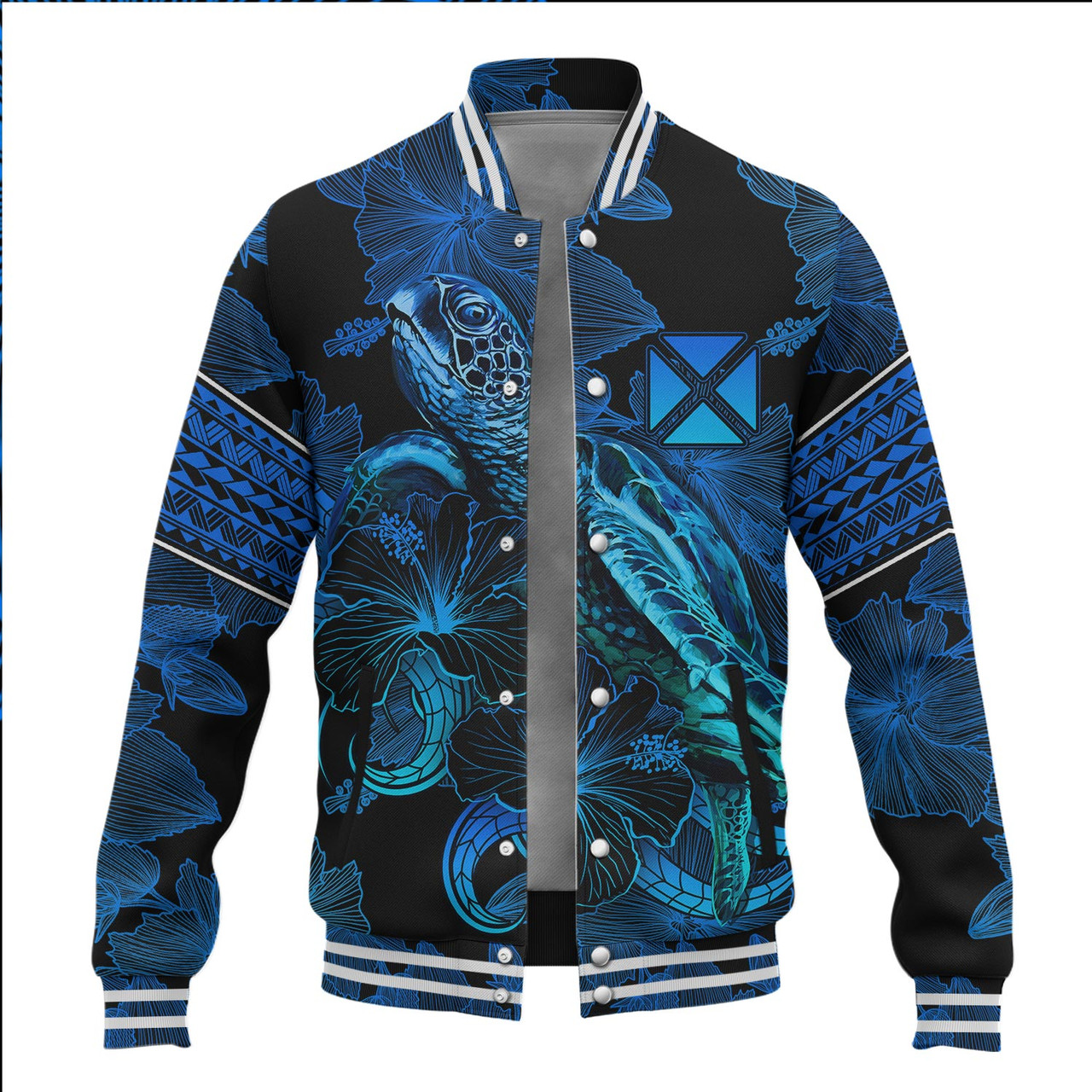 Wallis And Futuna Baseball Jacket Sea Turtle With Blooming Hibiscus Flowers Tribal Blue