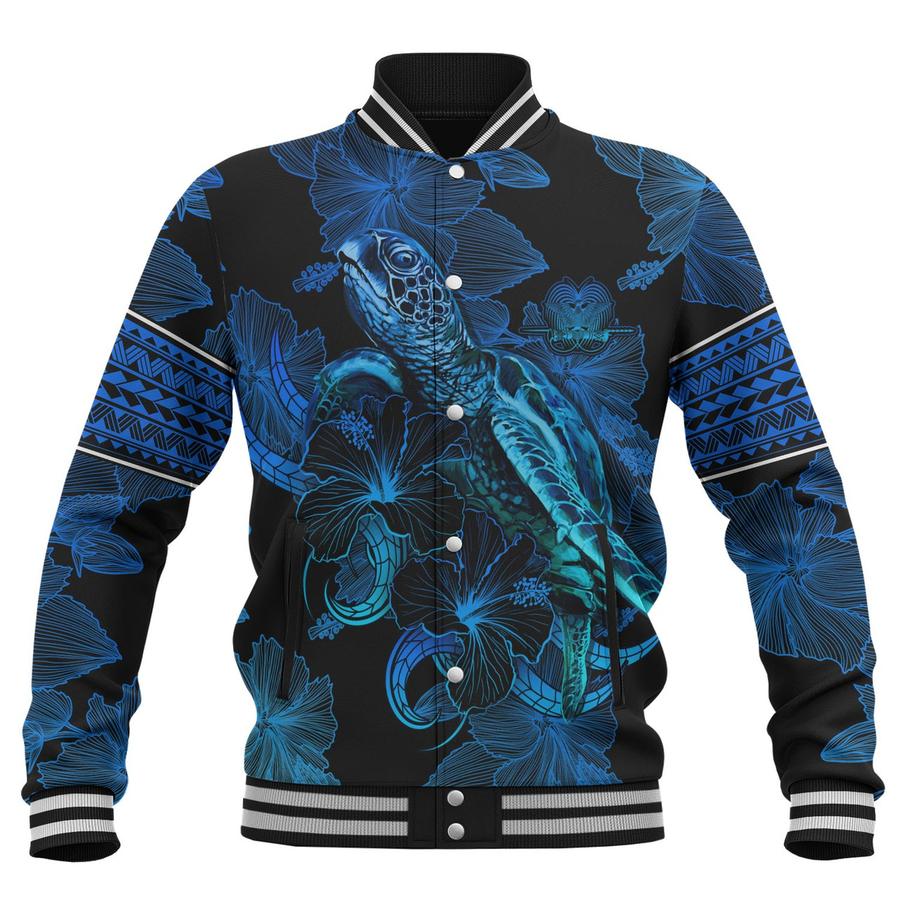 Papua New Guinea Baseball Jacket Sea Turtle With Blooming Hibiscus Flowers Tribal Blue