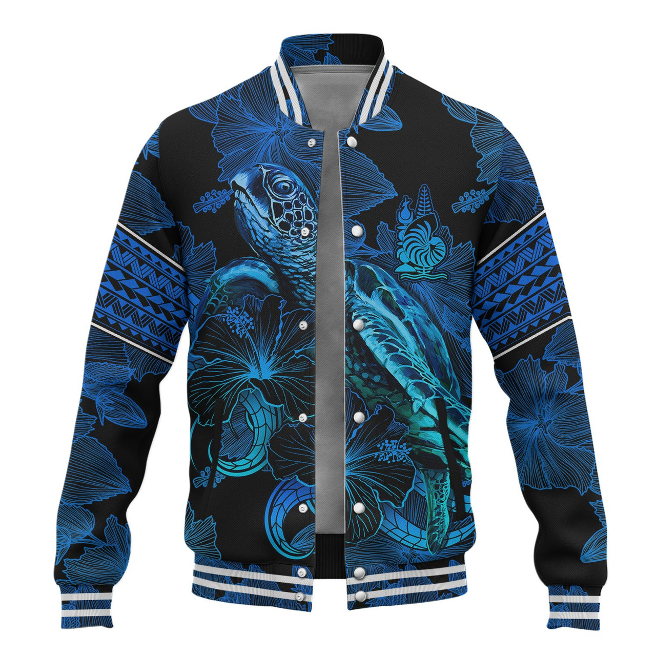 New Caledonia Baseball Jacket Sea Turtle With Blooming Hibiscus Flowers Tribal Blue