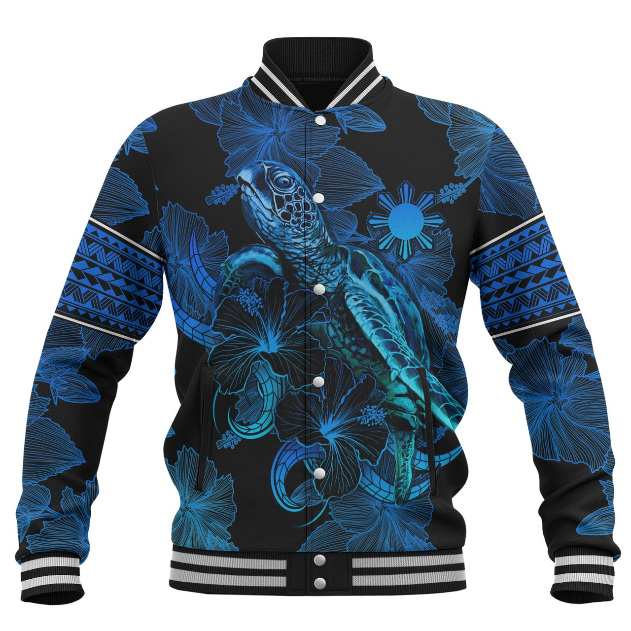 Philippines Filipinos Baseball Jacket Sea Turtle With Blooming Hibiscus Flowers Tribal Blue