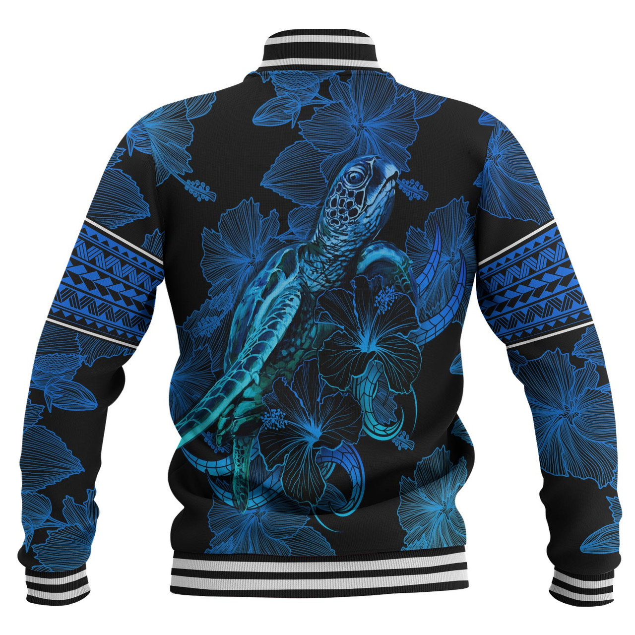 Fiji Baseball Jacket Sea Turtle With Blooming Hibiscus Flowers Tribal Blue