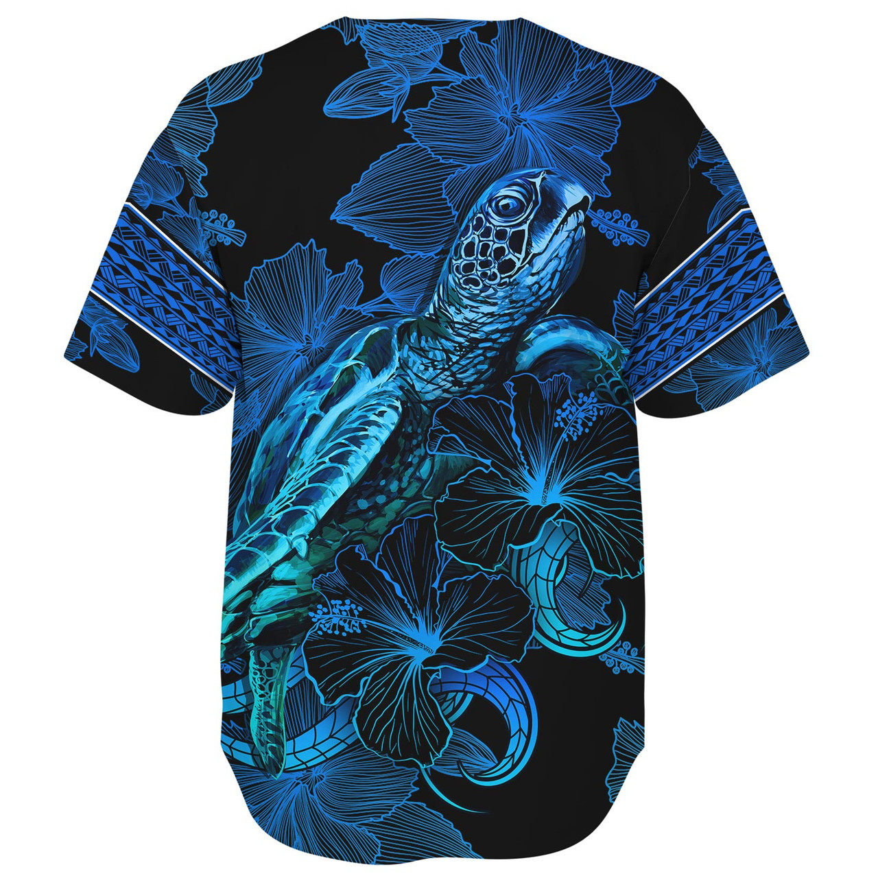 Tokelau Baseball Shirt Sea Turtle With Blooming Hibiscus Flowers Tribal Blue