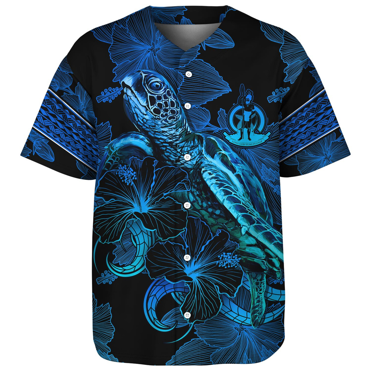 Vanuatu Baseball Shirt Sea Turtle With Blooming Hibiscus Flowers Tribal Blue