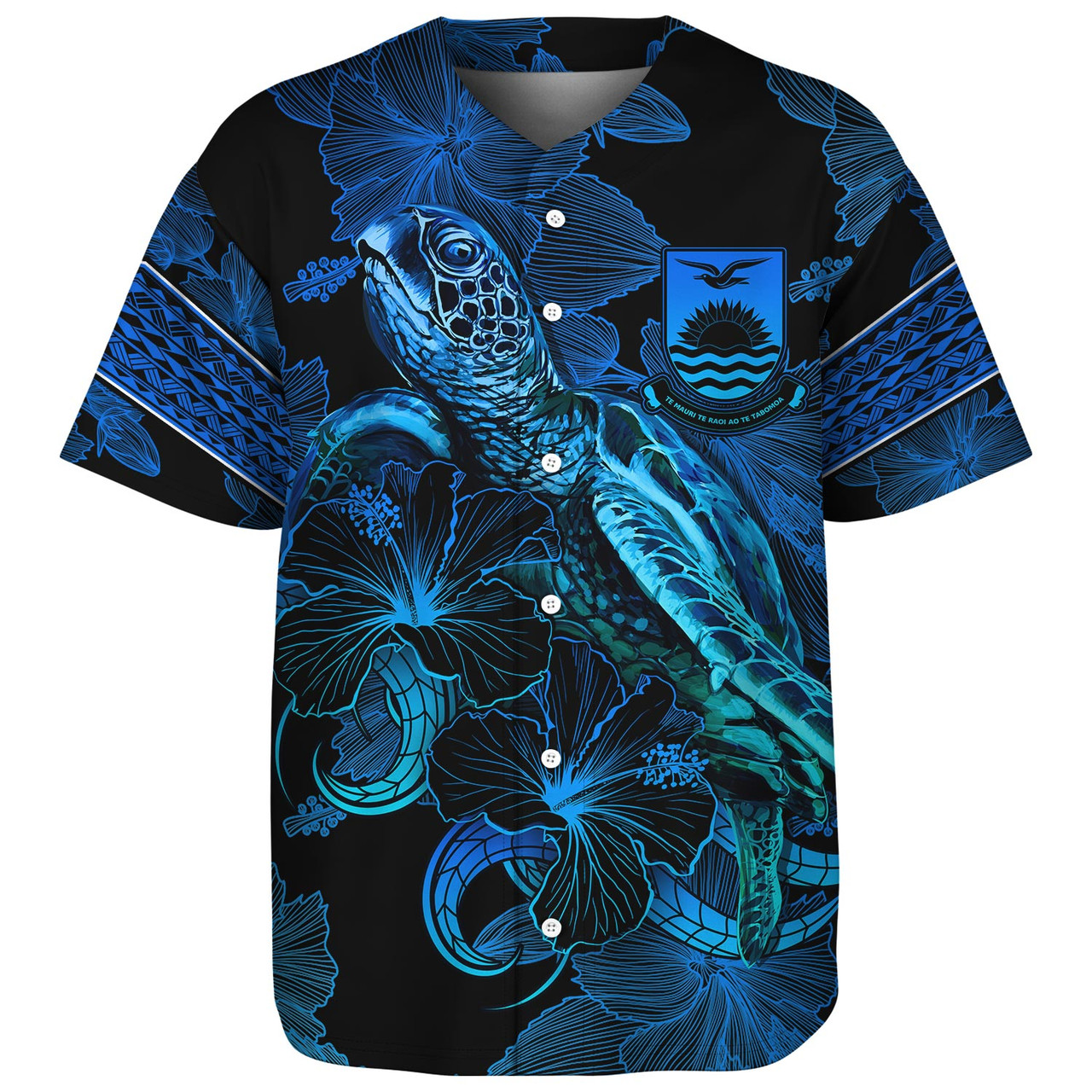 Kiribati Baseball Shirt Sea Turtle With Blooming Hibiscus Flowers Tribal Blue